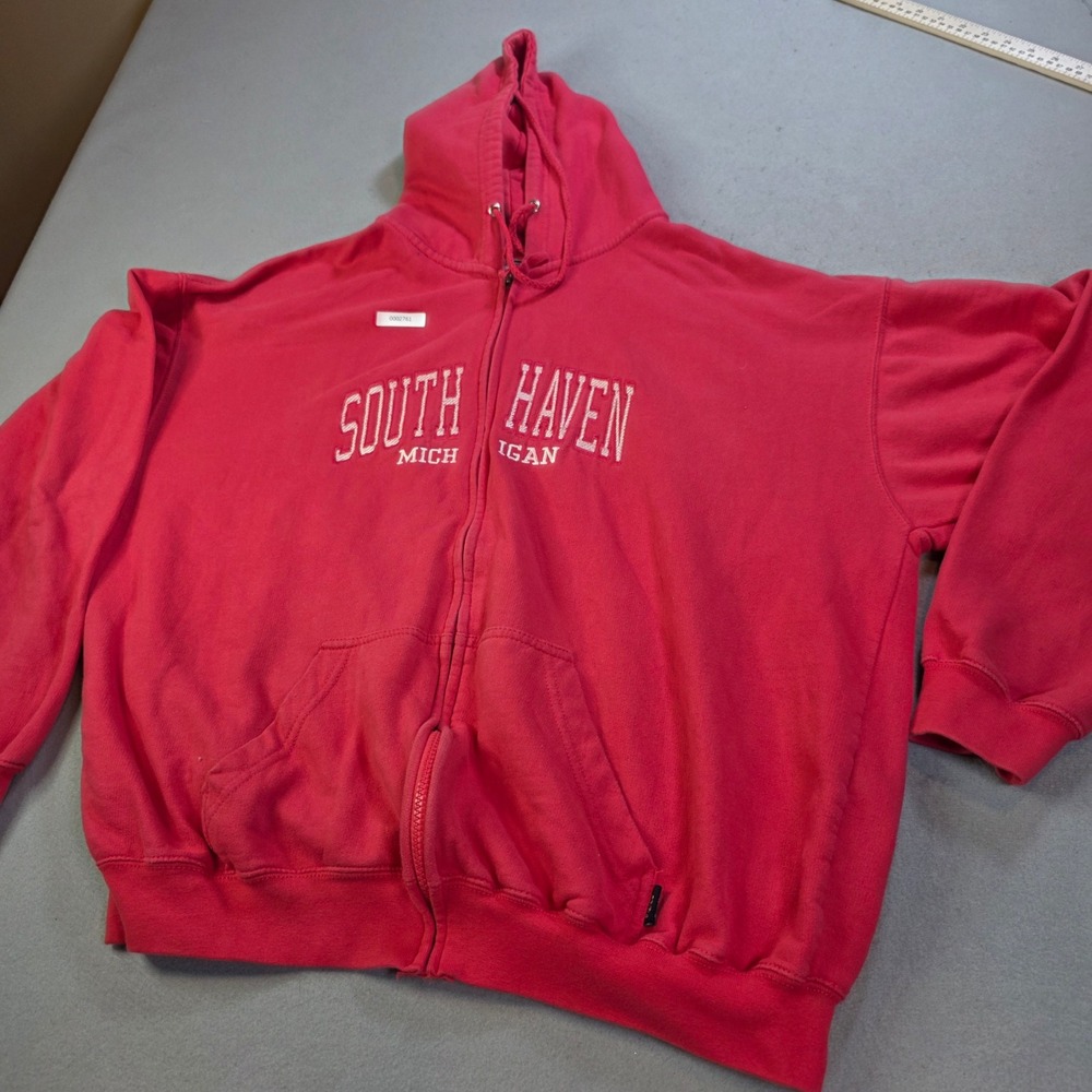 Pacific & Co South Haven Michigan Red Full Zip Hoodie Sweatshirt XL Distressed
